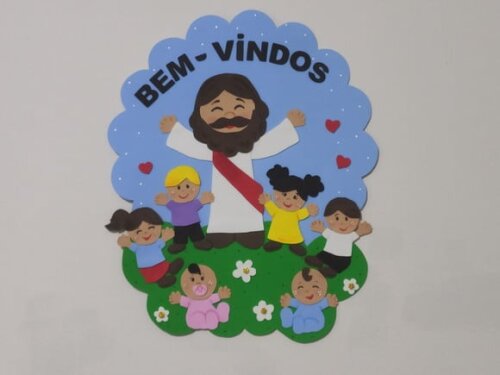 Placa de Porta bem Vindos com Jesus e as Crianças em Eva