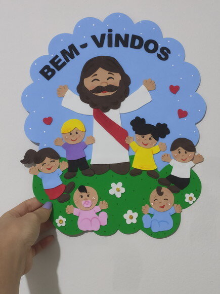 Placa de Porta "bem Vindos" com Jesus e as Crianças em Eva