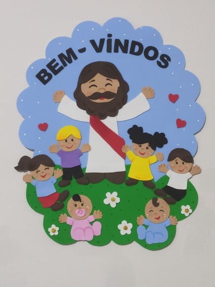 Placa de Porta bem Vindos com Jesus e as Crianças em Eva