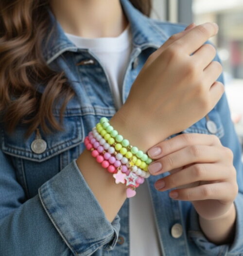 Pulseiras Coloridas com Pingentes Cores com Tons Leves Candy