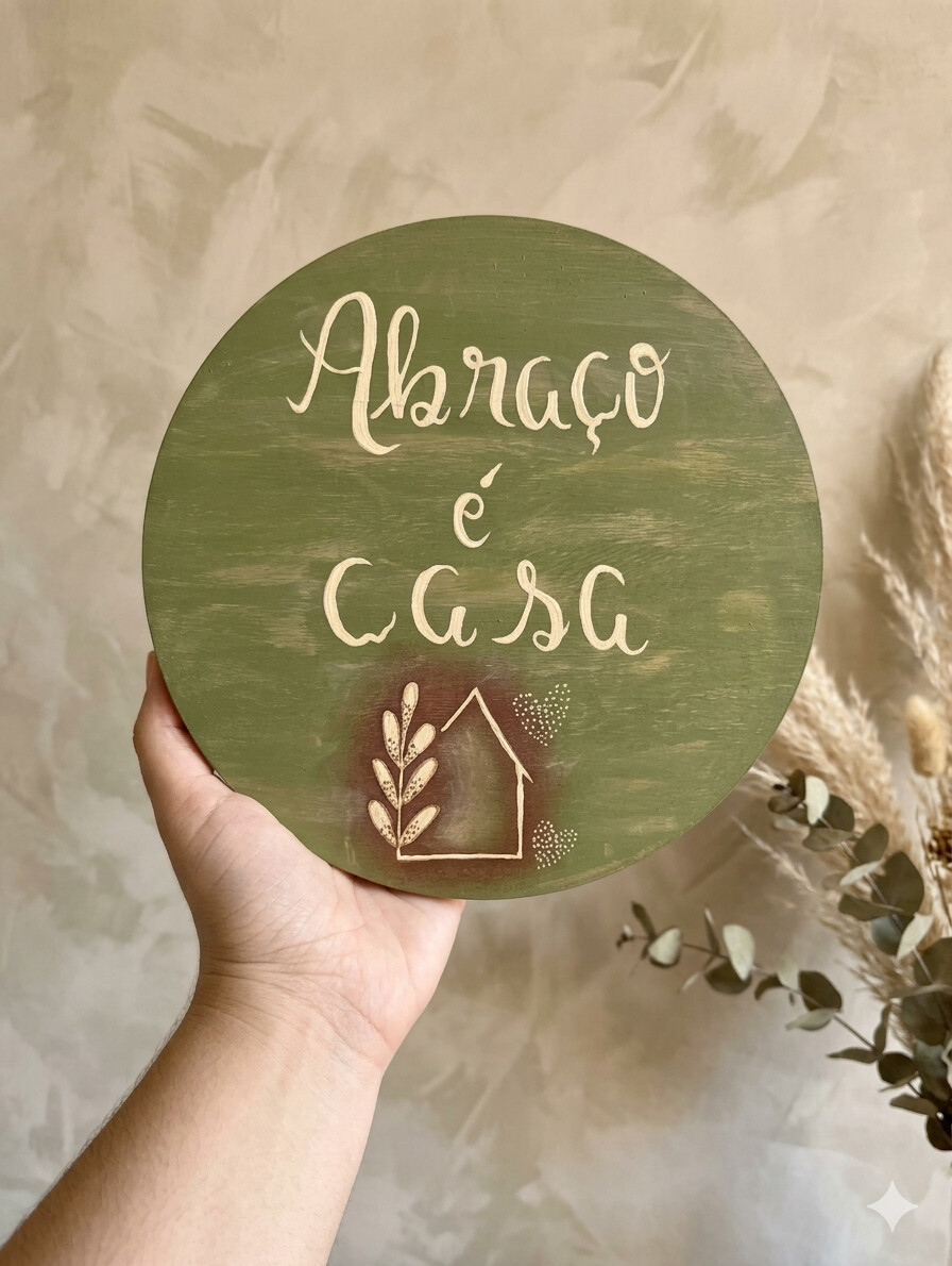 Placa Decorativa em Pinus Abraço é Casa 20cm com Suporte