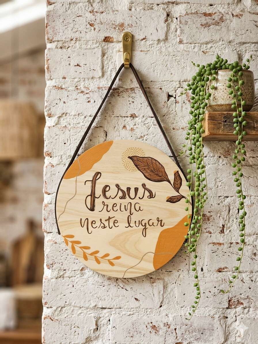 Placa Decorativa Pinus Redonda 20cm Com Alça Jesus Reina