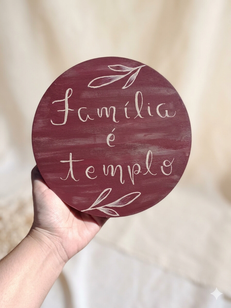 Placa Decorativa Família É Templo Madeira Pinus Pintado À Mão 20c