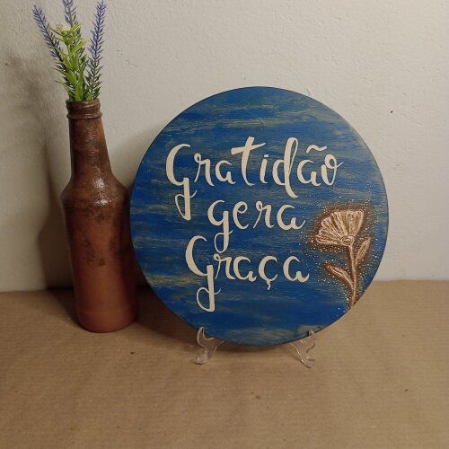 Quadro de Mesa Redondo Pinus 20cm Gratidão Gera Graça com Supor