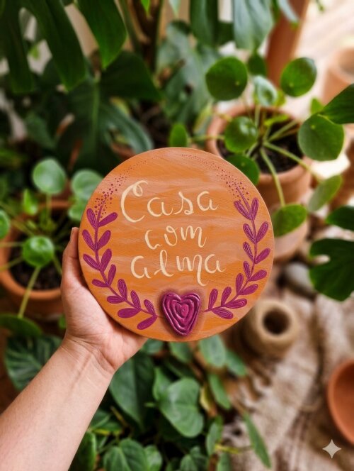Placa Pinus 20cm Casa Com Alma Terracota Suporte Acrílico