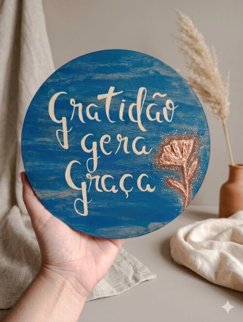 Placa Decorativa Redonda  Pinus 20cm Gratidão Gera Graça com Suporte