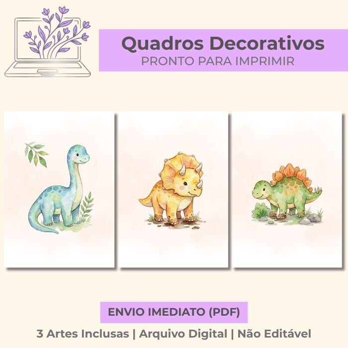 Trio de Quadros Dinossauro Baby Aquarela – Arquivo Digital PDF