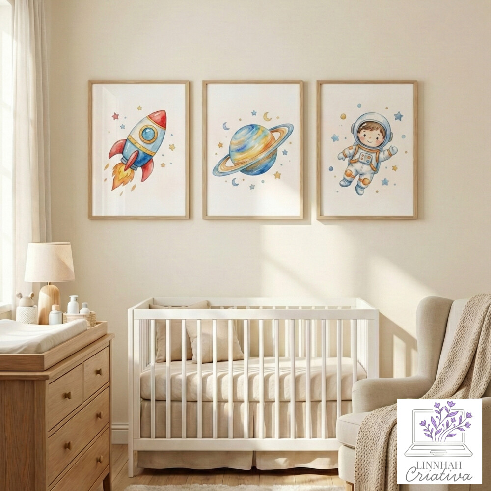 Trio de Quadros Espaço Astronauta Aquarela – Arquivo Digital P