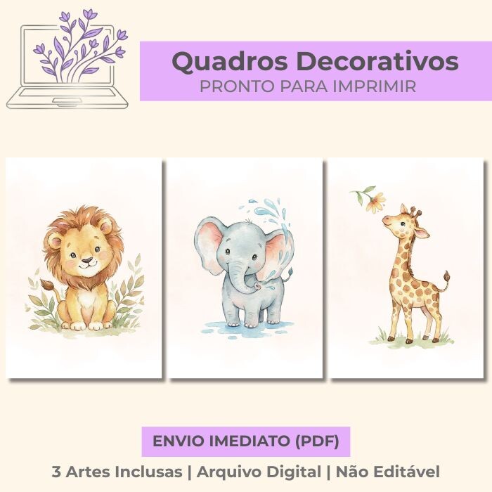 Trio de Quadros Safari Baby Aquarela – Arquivo Digital PDF
