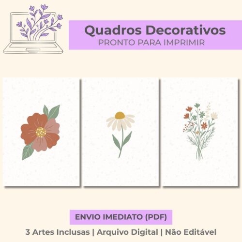 Trio de Quadros Boho Flores Botânico Jardim – Arquivo Digital 