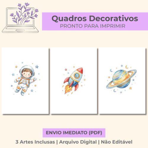 Trio de Quadros Espaço Astronauta Aquarela – Arquivo Digital P