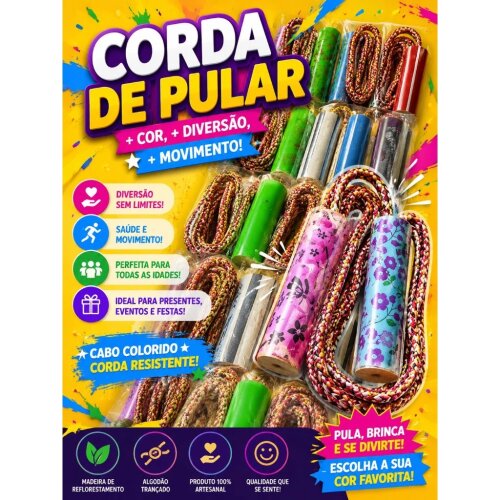 20 Cordas de pular brinquedo infantil 1,75 metros com cabo de mad