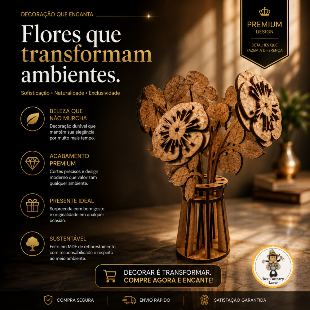Vaso com Flores Decorativas em MDF Cru para Artesanato