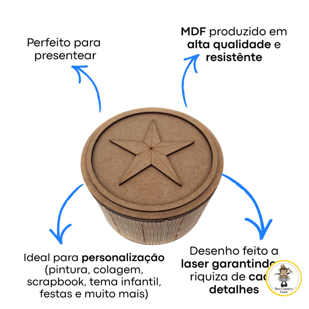 Caixa Redonda Estrela Primitiva em MDF Cru