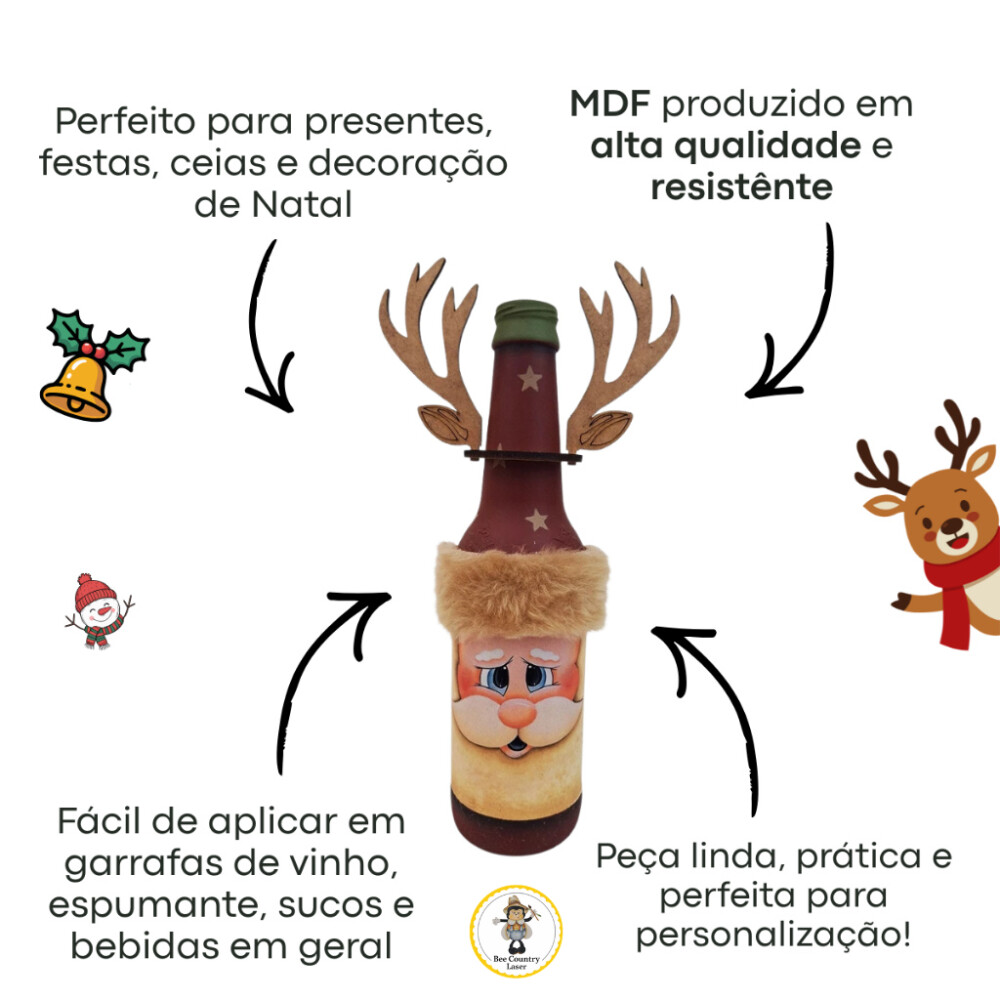 Enfeite para Garrafa Rena em MDF Cru para Decoração de Natal