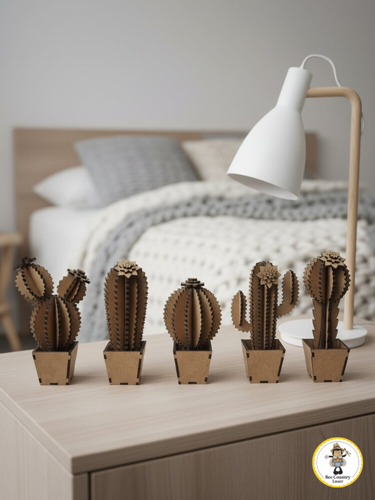 Kit 5 Cactos Decorativos no Vaso em MDF Cru