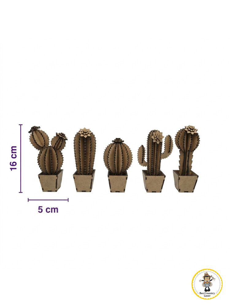 Kit 5 Cactos Decorativos no Vaso em MDF Cru