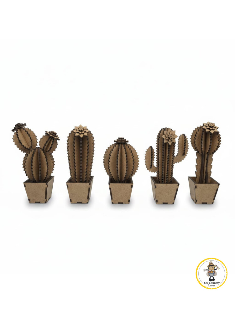 Kit 5 Cactos Decorativos no Vaso em MDF Cru