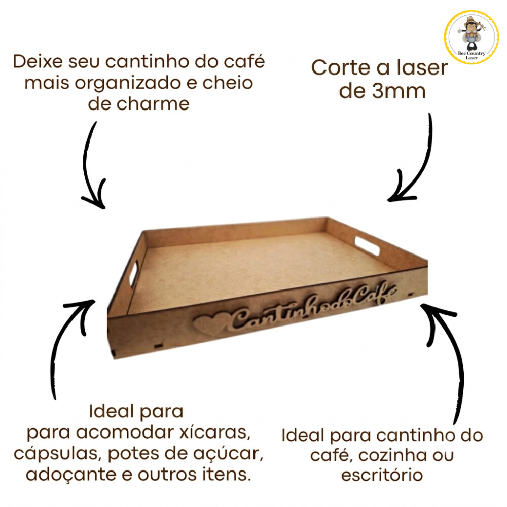 Bandeja Cantinho do Café Lisa em MDF Cru para Pintura