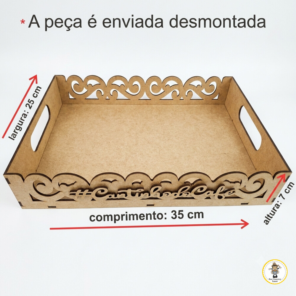 Bandeja Cantinho do Café com Borda Decorada em MDF Cru