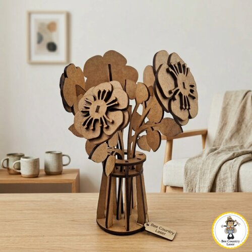 Vaso com Flores Decorativas em MDF Cru para Artesanato