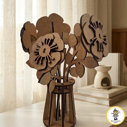 Vaso com Flores Decorativas em MDF Cru para Artesanato
