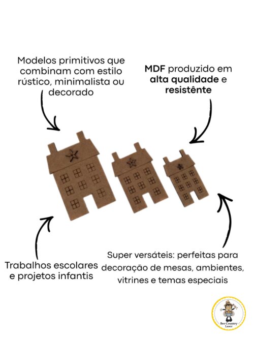 Kit Casinhas Primitivas em MDF Cru para Pintura e Decoração