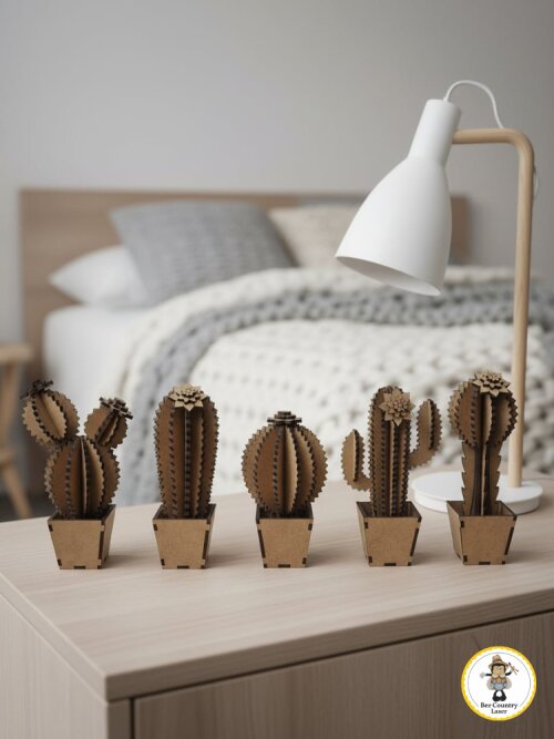 Kit 5 Cactos Decorativos no Vaso em MDF Cru