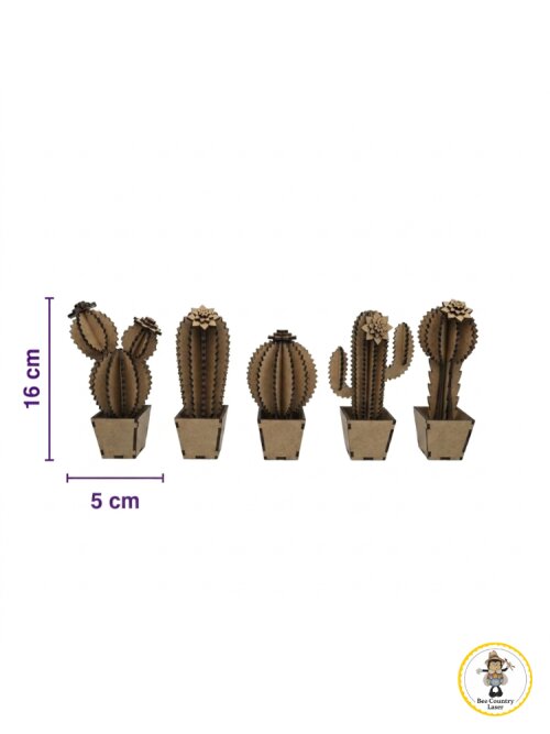 Kit 5 Cactos Decorativos no Vaso em MDF Cru