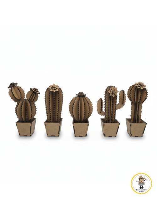 Kit 5 Cactos Decorativos no Vaso em MDF Cru