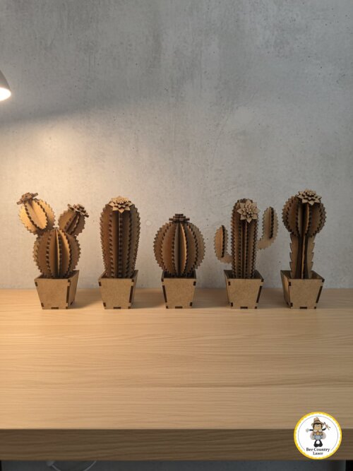 Kit 5 Cactos Decorativos no Vaso em MDF Cru