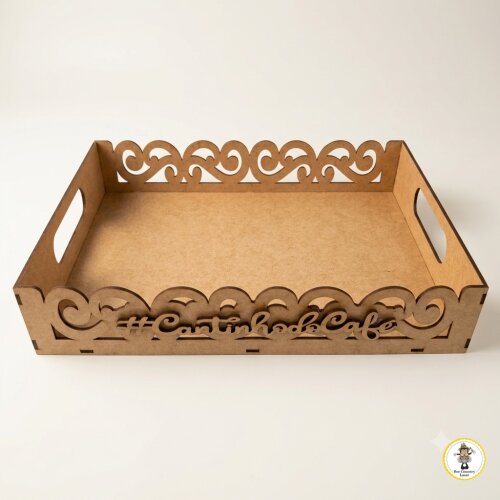 Bandeja Cantinho do Café com Borda Decorada em MDF Cru