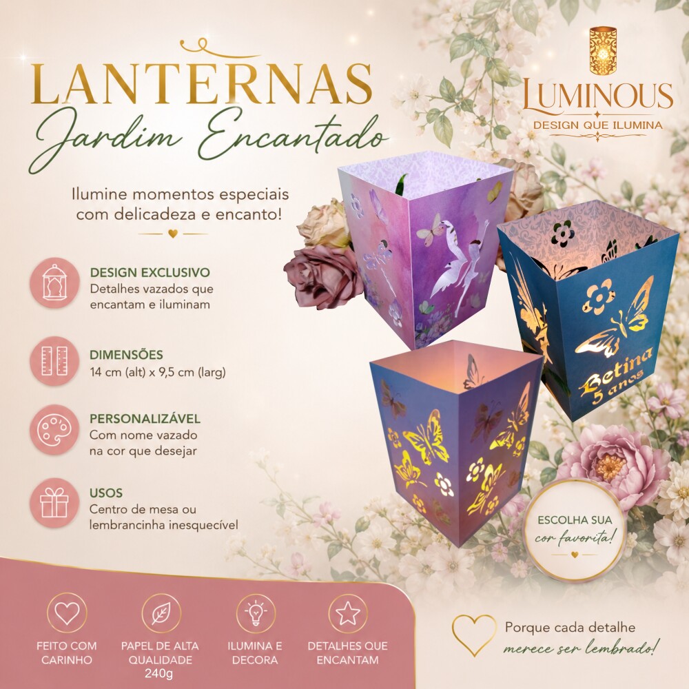 Lembrancinha Luminaria de papel 240g, Jardim Encantado, Borboleta