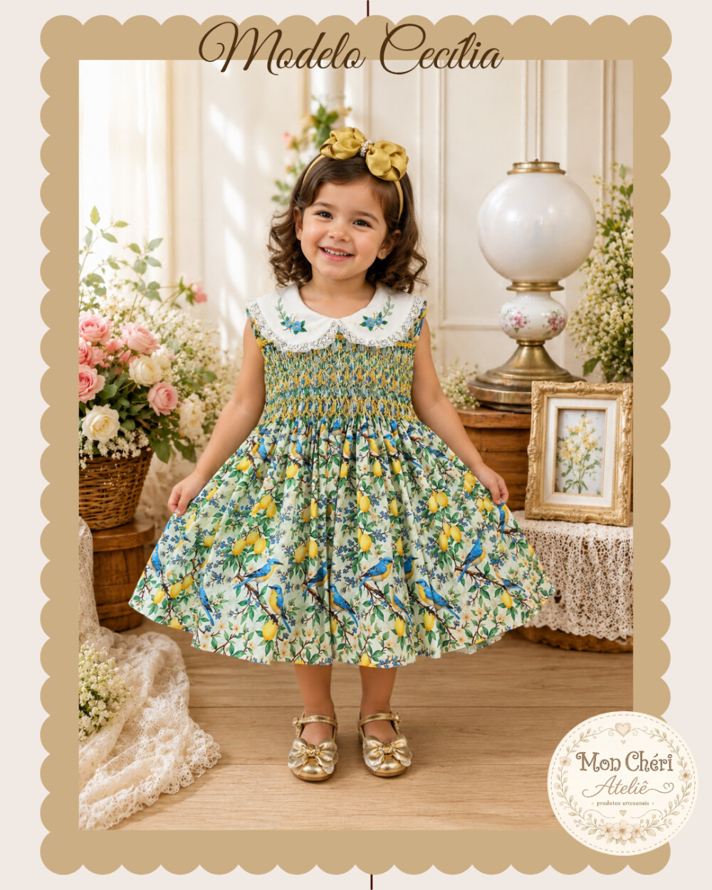 Vestido Infantil Modelo Cecília Ponto Smock + Calcinha e Laço -