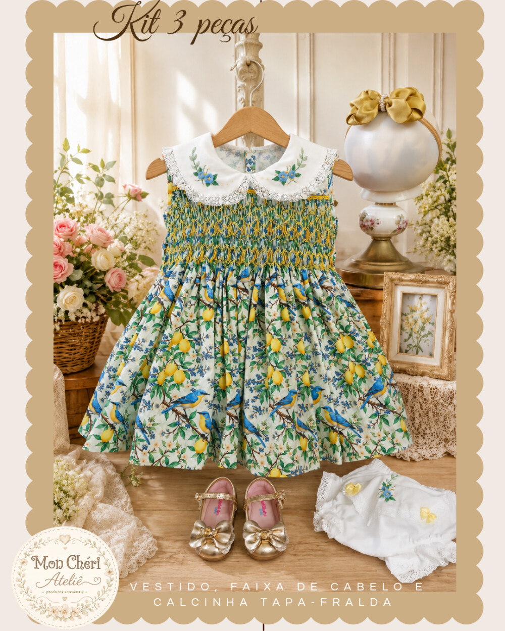 Vestido Infantil Modelo Cecília Ponto Smock + Calcinha e Laço -