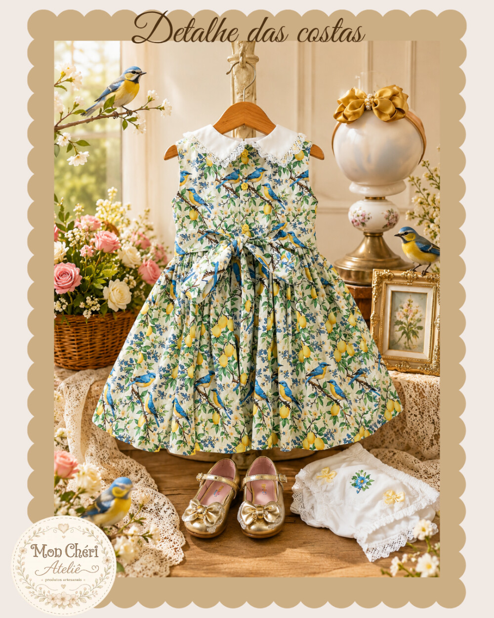 Vestido Infantil Modelo Cecília Ponto Smock + Calcinha e Laço -