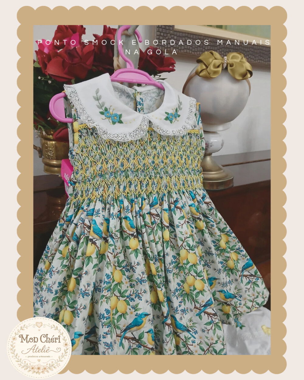 Vestido Infantil Modelo Cecília Ponto Smock + Calcinha e Laço -