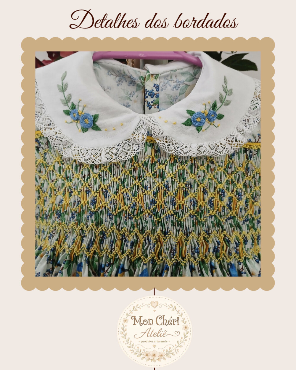 Vestido Infantil Modelo Cecília Ponto Smock + Calcinha e Laço -