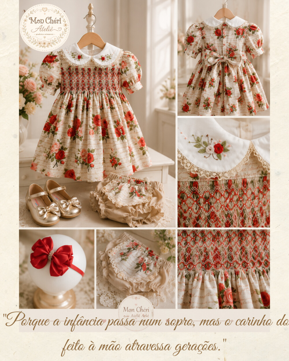 Vestido Infantil Beatrice com Ponto Smock e Bordado Manual
