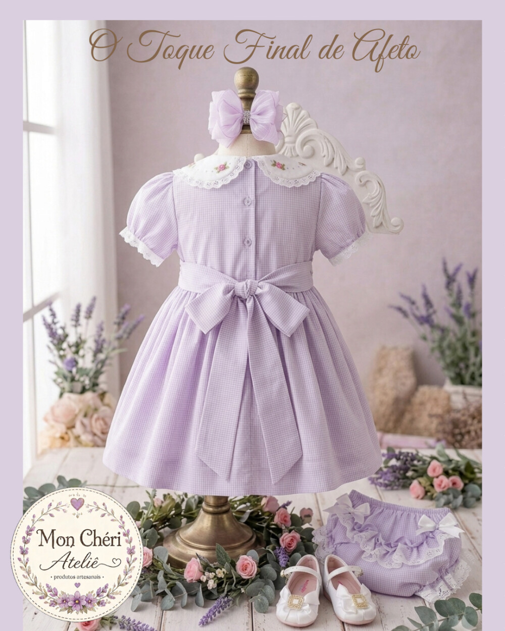 Vestido Infantil Lilás Luxo - Ponto Smock e Bordado à Mão - Kit 3