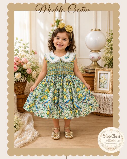 Vestido Infantil Modelo Cecília Ponto Smock + Calcinha e Laço - Pássaros e Limões