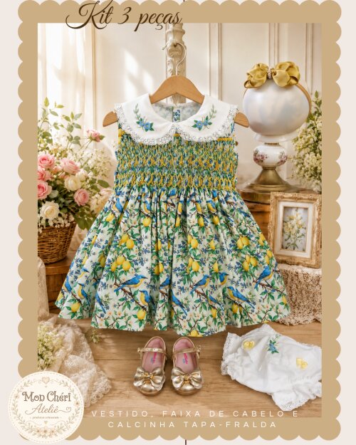 Vestido Infantil Modelo Cecília Ponto Smock + Calcinha e Laço -