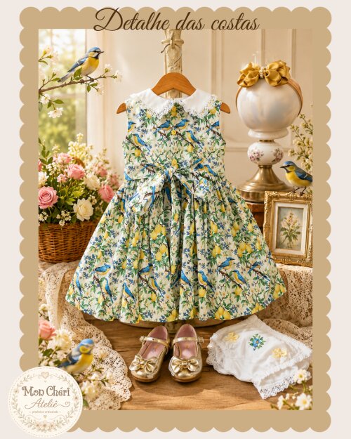 Vestido Infantil Modelo Cecília Ponto Smock + Calcinha e Laço -