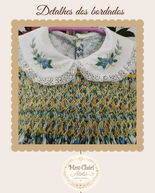 Vestido Infantil Modelo Cecília Ponto Smock + Calcinha e Laço -