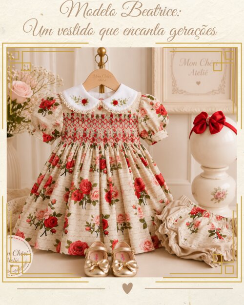 Vestido Infantil Beatrice com Ponto Smock e Bordado Manual