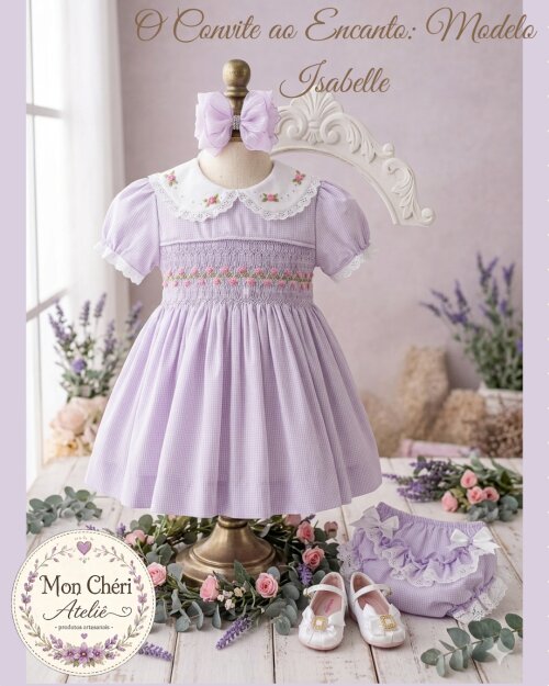 Vestido Infantil Lilás Luxo - Ponto Smock e Bordado à Mão - Kit 3 Peças