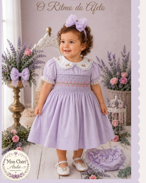 Vestido Infantil Lilás Luxo - Ponto Smock e Bordado à Mão - Kit 3