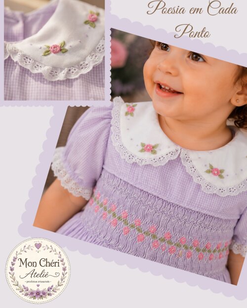 Vestido Infantil Lilás Luxo - Ponto Smock e Bordado à Mão - Kit 3