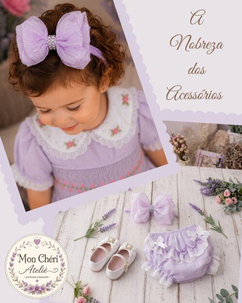 Vestido Infantil Lilás Luxo - Ponto Smock e Bordado à Mão - Kit 3