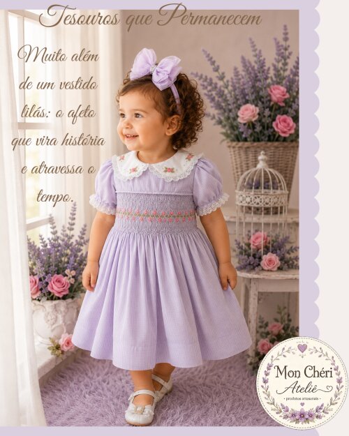 Vestido Infantil Lilás Luxo - Ponto Smock e Bordado à Mão - Kit 3